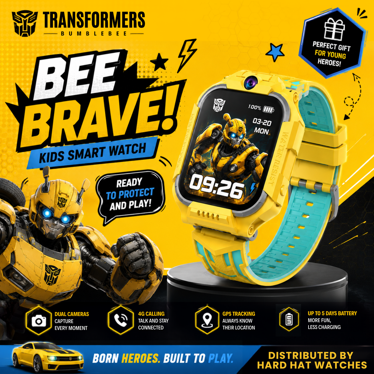 Transformers Bumblebee kids smart watch in yellow and teal, displayed on a black stand against a bright yellow promotional background with Transformers and Bumblebee graphics.