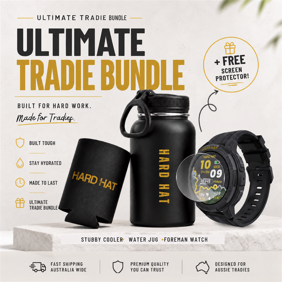 Ultimate Tradie Bundle promotional graphic showing a black insulated water jug, a black foam cooler, and a black foreman watch with a clear screen protector overlay. Large text reads 'ULTIMATE TRADE BUNDLE' with supporting copy and icons on a light beige background.