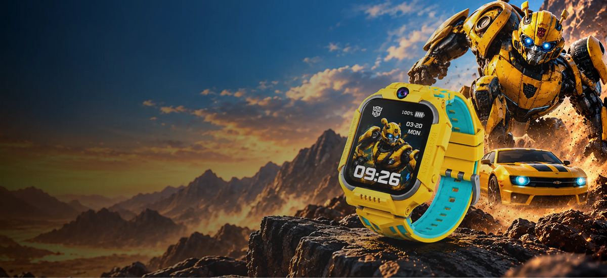 Hard Hat kids smartwatch with Bumblebee watch face, next to the Transformers Bumblebee robot and Camaro on a mountain cliff at sunset